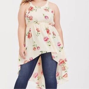 Torrid women’s Hi Lo IVORY FLORAL GEORGETTE GODDESS TUNIC TANK Plus Size 00
